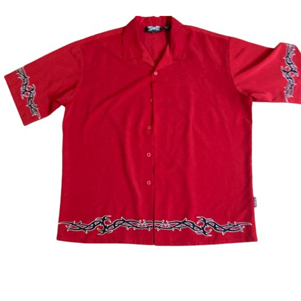 XXL Dragonfly S/S Button Up Shirt Solid Red w/Black Barbwire Embroidered